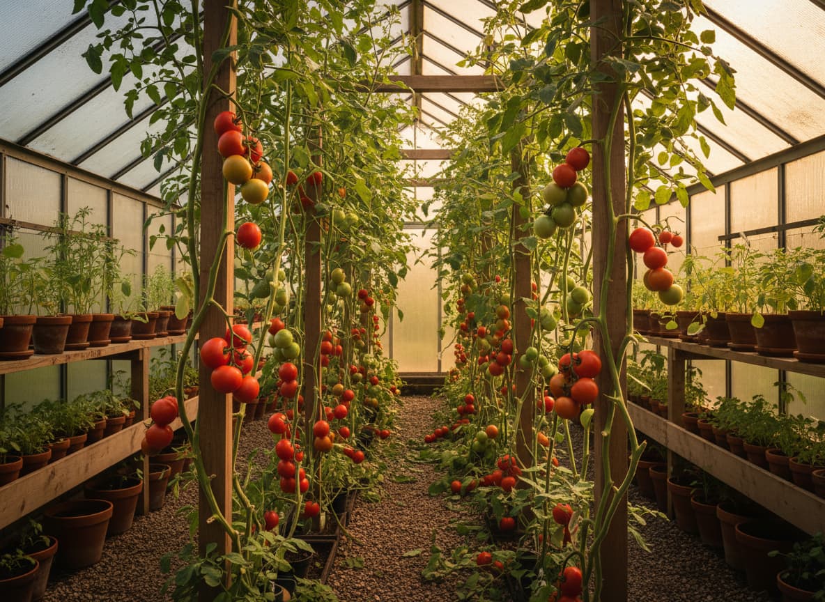 Interior de invernadero con plantas de tomate